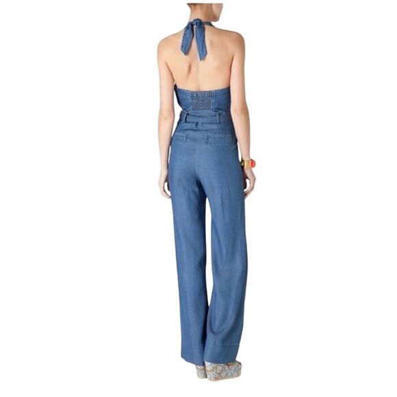 Anthropologie Elevenses Sharlene Halter Linen Blend Denim Jumpsuit Size 6 - Picture 2 of 13